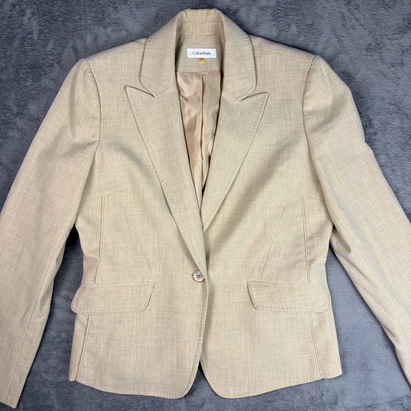 Calvin Klein Blazer Women's 12P Beige Single-Button Notch Stretch Suit Jacket - Picture 2 of 16